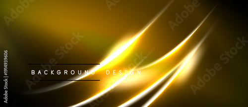 Abstract golden lines create dynamic background. Bright glow emphasizes curves, gradients, modern design elements. Dark space contrasts luminosity.