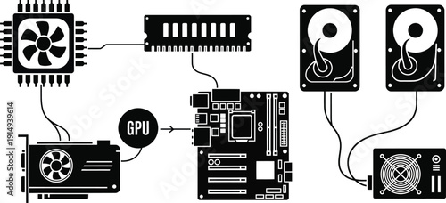 Computer components diagram showing a graphics card and processor silhouette