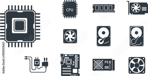 Computer components including a microchip ram and cable silhouette