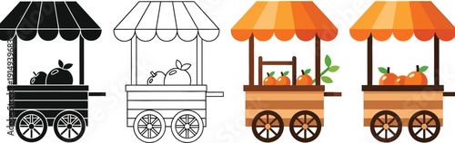 a collection of four fruit cart illustrations depicting varying styles from monochrome to full color showcasing citrus fruits high quality professional