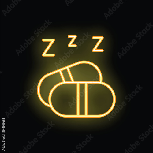 Yellow neon sign showing two sleeping pills inducing sleep with three z letters