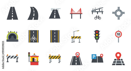 Collection of colorful road signs and transportation infrastructure icons