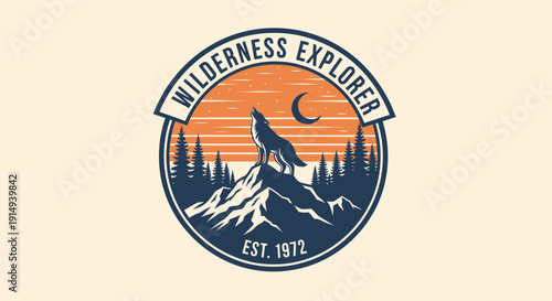 Vintage Wilderness Explorer Badge with Howling Wolf on Mountain Peak at Sunset.