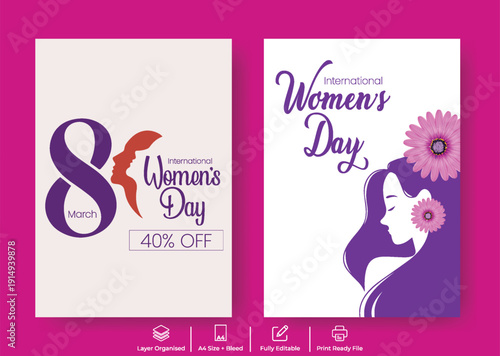 International Women’s Day Promotional Leaflet Template 8 March Celebration with Decorative Floral Vector Background and Women Silhouette