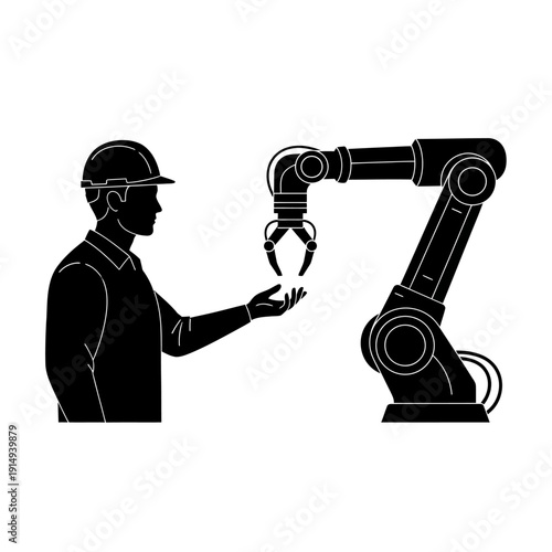 Human worker in hard hat interacting with industrial robot arm, future technology concept