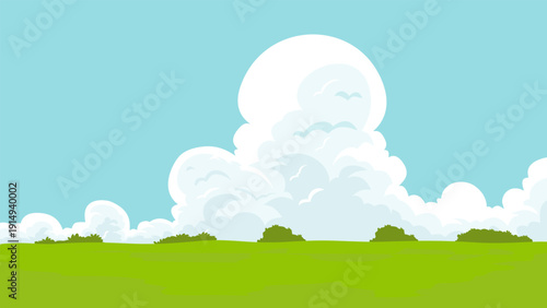 green grass savannah view with cloudy clear blue sky, nature background