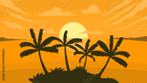 natural scenery when the sun sets and the silhouette of coconut trees on the beach, natural background