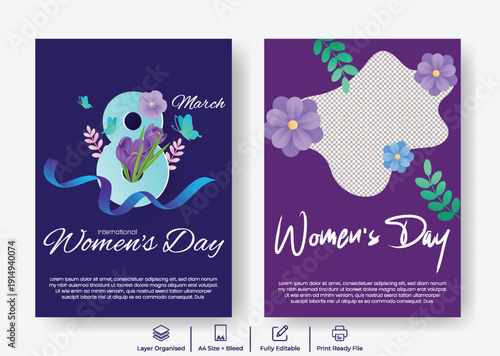 International womens day a4 print flyer poster designs with number eight with floral accents vector promotional backgrounds, womens day leaflet, brochure cover vector template design