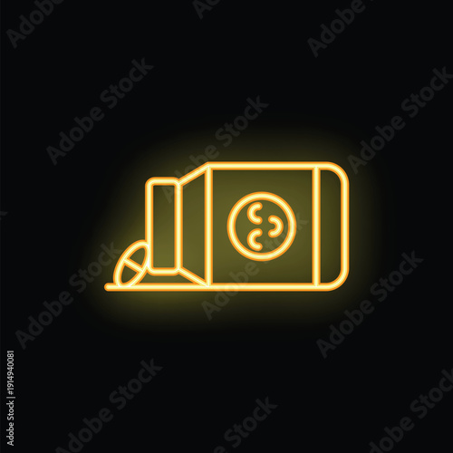 Yellow neon glowing icon of pills spilling out of a pill bottle on a black background