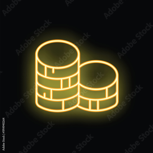 Glowing neon icon of stacked coins symbolizing financial abundance and prosperity