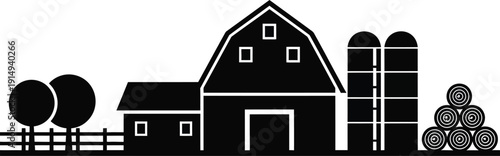 a simple black and white illustration depicts a classic farm scene with a barn silos trees and stacked logs high quality