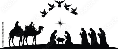 Camel riders traverse a desert landscape with birds stark black silhouette