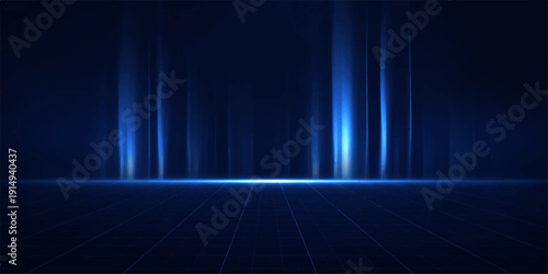 A dark blue digital backdrop featuring motion wave lines and a glowing stage spotlight against elegant curtains for a bright music wallpaper design