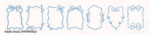 Retro coquette frames in French style set. Card border designs with elegant doodle ribbon bows. Vintage lace swirls, whimsical outline shapes. Isolated contoured hand-drawn vector illustrations