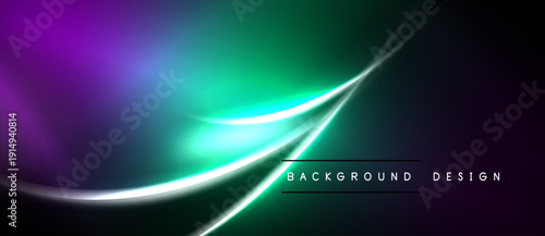 Abstract background features vibrant purple, green hues. Smooth lines create dynamic flow, modern aesthetic. Dark space dominates bottom portion.