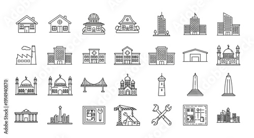 Collection of diverse building and architectural structure line icons