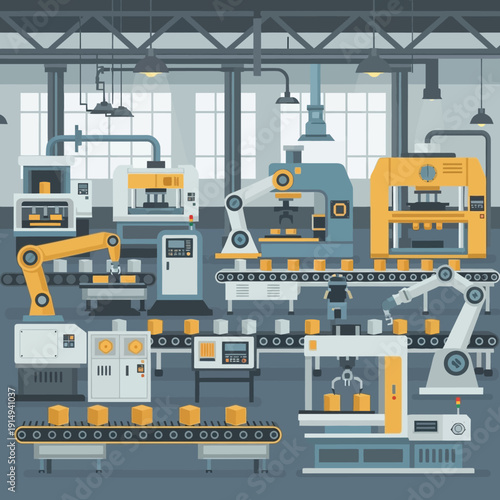 Automated Factory Production Line with Robotic Arms and Conveyor Belts