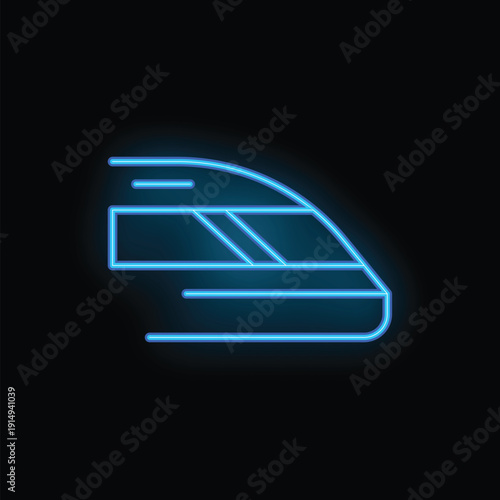 Blue neon sign depicting a high speed passenger train moving fast, on a black background