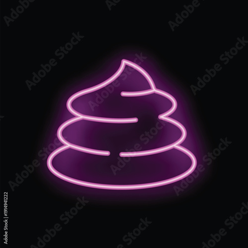 Glowing neon purple icon of poop on a black background
