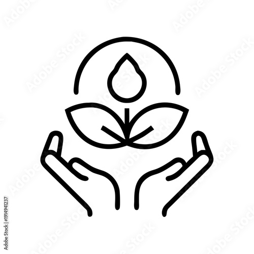 Hands gently cradling a plant with a water droplet symbolizing care and growth