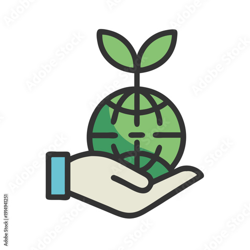A hand gently holding a green globe with a sprouting plant symbolizing environmental care