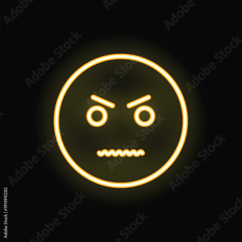 Yellow neon angry face with pursed lips showing displeasure on a black background