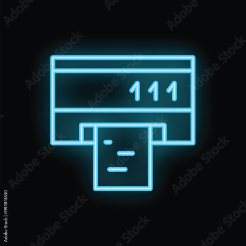 Glowing blue neon atm cash machine with a receipt sticking out, displaying the number 111