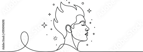 a minimalist continuous line drawing depicts a woman s profile facing right adorned with sparkling stars and a flowing flame shape