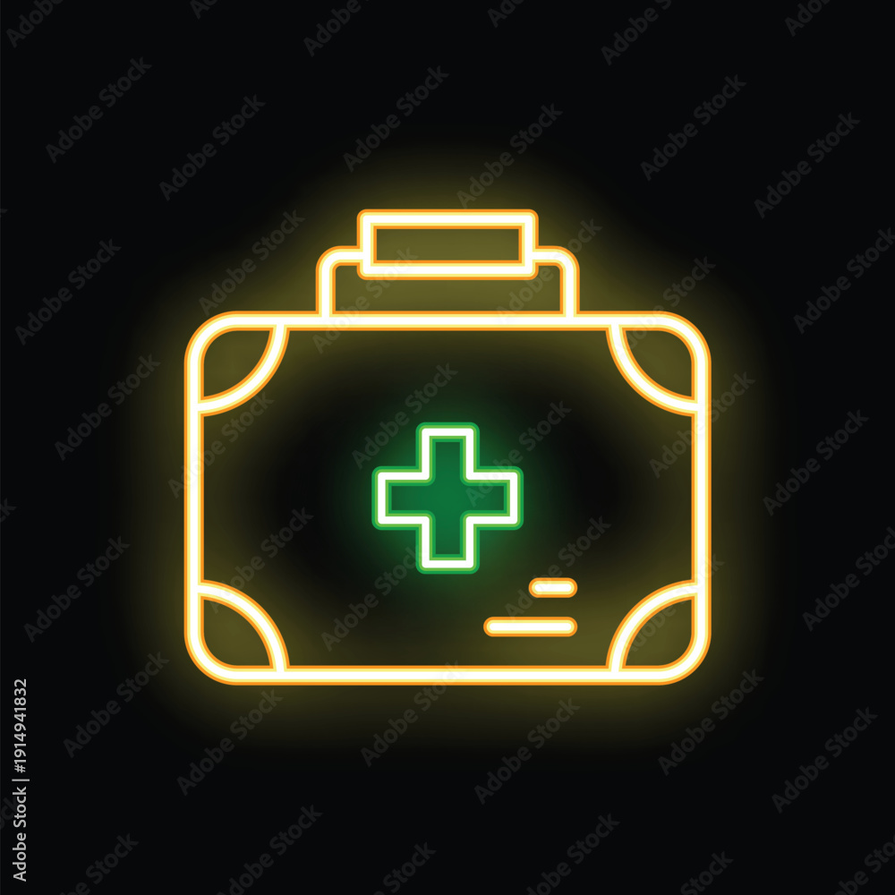 Obraz premium Glowing neon line first aid kit icon isolated on black background. Healthcare concept. Vector illustration