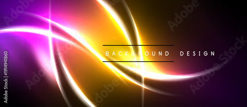 Abstract neon lights create vibrant energy. Purple, pink, orange, yellow hues blend seamlessly against dark backdrop. Modern design element.