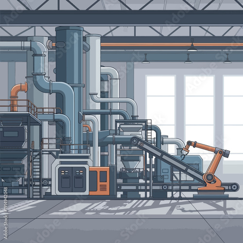 Automated factory with robotic arm, conveyor belt, and industrial machinery