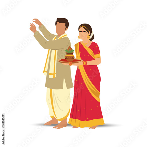 Traditional Indian Couple Performing Hindu Puja Ritual Illustration, vector illustration.