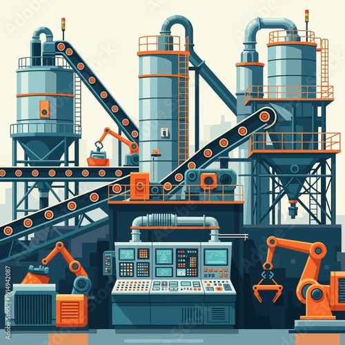 Automated Industrial Factory with Robotic Arms and Conveyor Belts