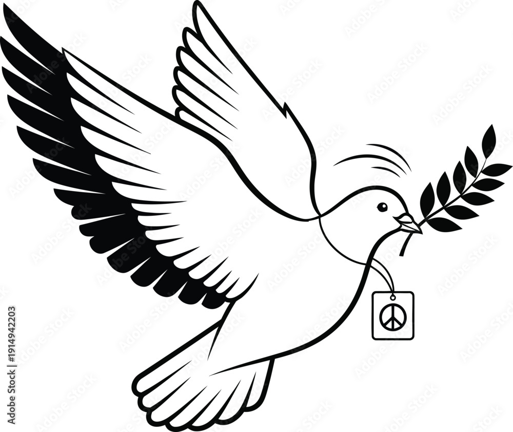 Obraz premium a simple black and white illustration depicts a dove in flight carrying an olive branch and a peace symbol high quality