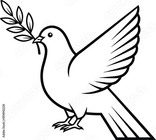A simple black and white line drawing depicts a dove carrying an olive branch in its beak symbolizing peace and hope
