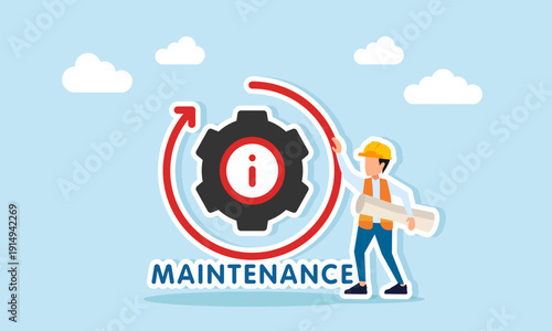 Engineer near rotating gear icon with maintenance text illustration of routine maintenance in construction project