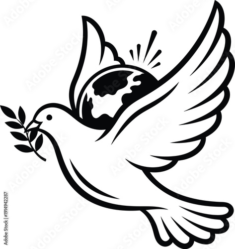 A striking black and white illustration depicts a dove in flight carrying a globe symbolizing peace and global unity with an olive branch
