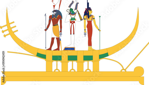 Abydos Triad Sacred Barge Vector Ancient Egyptian Gods Illustration