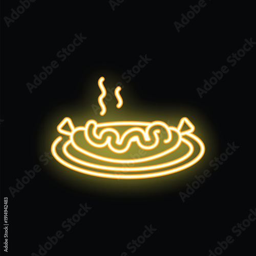 Yellow neon icon of hot dog on plate, emitting steam, against dark background