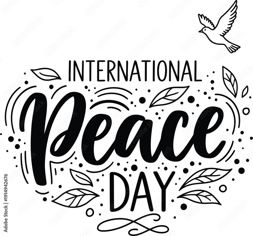 Obraz premium An artistic graphic illustrates the word peace alongside decorative leaves and a flying dove symbolizing international peace day celebrations high quality