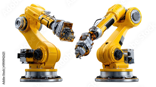 Robotic Arms in Action: Two industrial robots, their yellow arms extended, symbolizing innovation and efficiency in a modern technological landscape. 