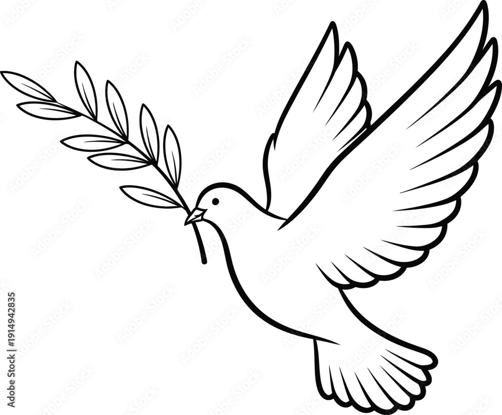 Obraz premium a detailed black and white line drawing depicts a dove in flight carrying an olive branch in its beak symbolizing peace and hope