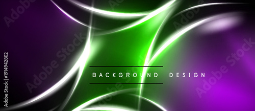 Abstract vibrant design. Green, purple hues blend with flowing white lines. Modern digital illustration perfect for backgrounds.