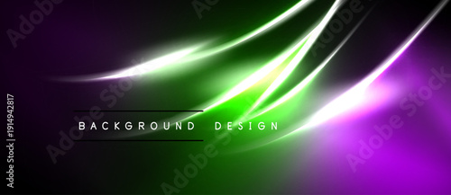 Abstract vibrant background. Green, purple hues blend with dynamic light streaks. Modern design element for digital projects.