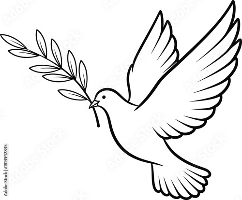 a detailed black and white line drawing depicts a dove in flight carrying an olive branch in its beak symbolizing peace and hope