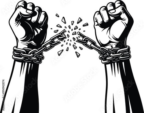 A powerful black and white illustration depicts two hands breaking free from metal chains symbolizing liberation and strength high quality professional