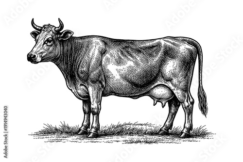 Detailed hand drawn cow in vintage style on grass