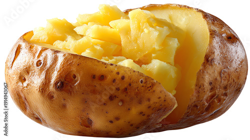 Simple Baked Potato: A close-up shot of a perfectly baked potato, soft and fluffy inside. The golden exterior hints at the simple pleasure of comfort food.
