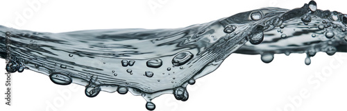 Dynamic horizontal water splash with suspended droplets and textured liquid surface, high speed fluid motion for beverage advertising, freshness marketing and clean product campaigns