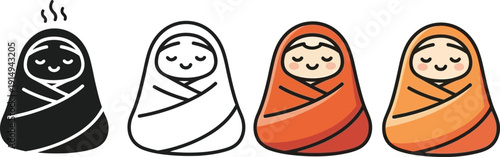 a collection of four adorable cartoon illustrations depicts peacefully sleeping babies wrapped snugly in colorful swaddling clothes showcasing different hues